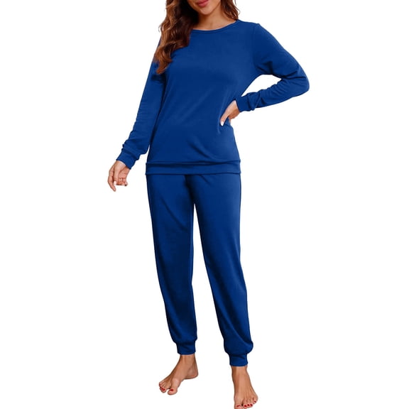 AWZXDE Women Solid Round Neck Long Sleeve Top Elastic Ankle Pants Pajama Set Blue,XL