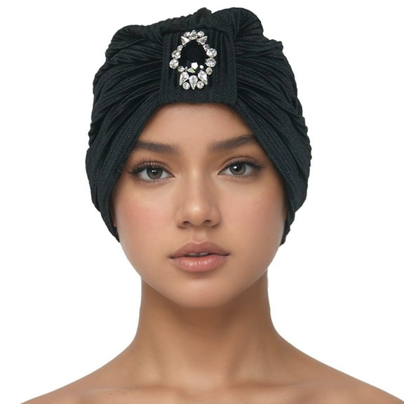 AWZXDE Women Traditional Turban Wrap Cap Scarf Shawl Holiday Rhinestone Detail Casual Head Covering Black