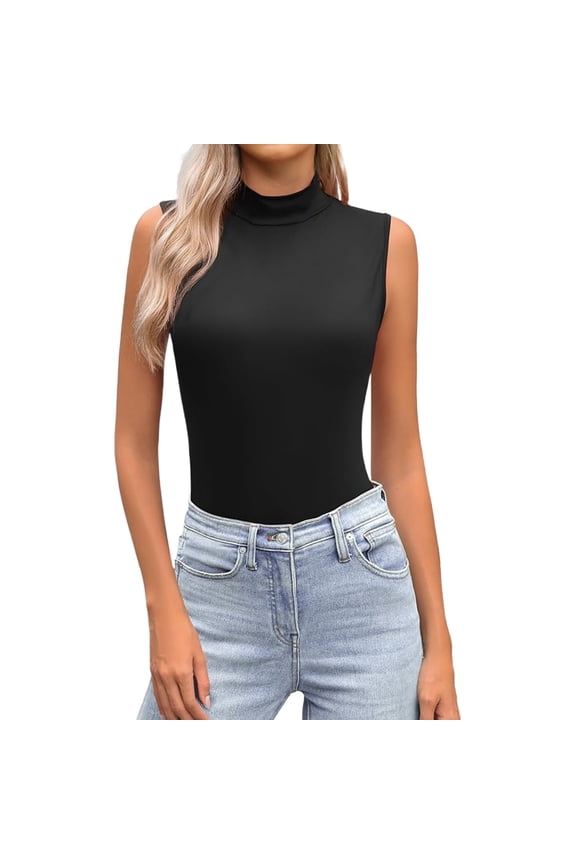 Women Turtle Neck Slim Fit Sleeveless Tank Tops Fashion Versatile High Elasticity Comfort Basic Casual Tee Halter Black,S