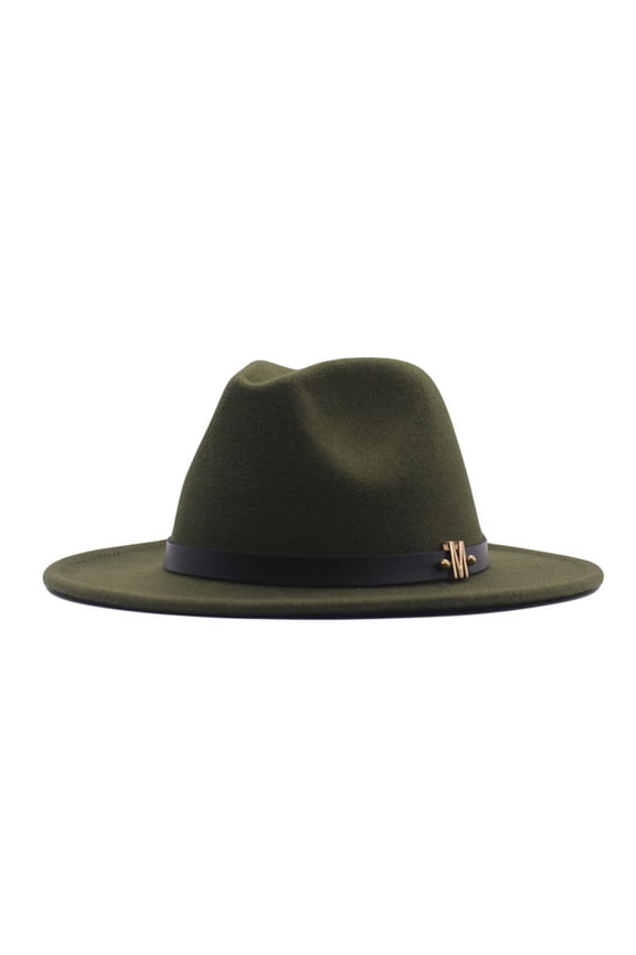 Women Wide Brim Floppy Panama Hat with Belt Buckle Wool Sun Hat Army Green