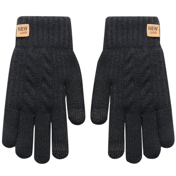 AWZXDE Women Winter Style Thick Double Layer Knitted Leather Label Cold Proof Warm Solid Color Screen Finger Gloves for and Comfort Black,One Size
