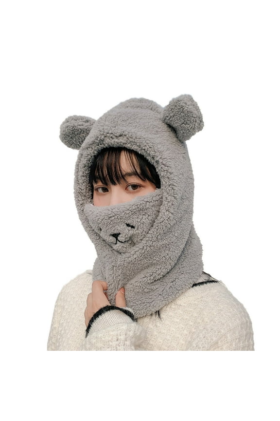 Women Winter Warm Wind Resistant Hat Ski Riding Shield Soft Warmer Cute Cartoon Bear Ear Winter Hat Grey