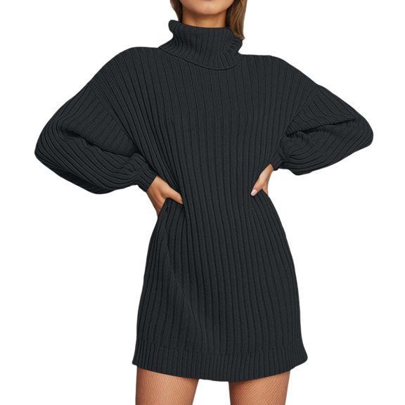AWZXDE Women's Autumn Winter Knit Sweater Dress with Lapel Collar and Loose Fit for Casual Warm Wear in Solid Color High Neck Design Black,XXXL