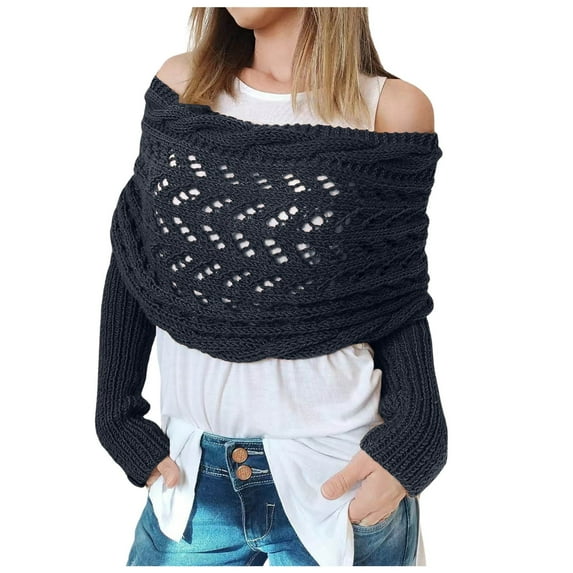 AWZXDE Women's Autumn Winter Solid Color Knitted Knit Openwork Extra Long Double Sleeve Shawl Scarf Wrap Poncho Navy,One Size