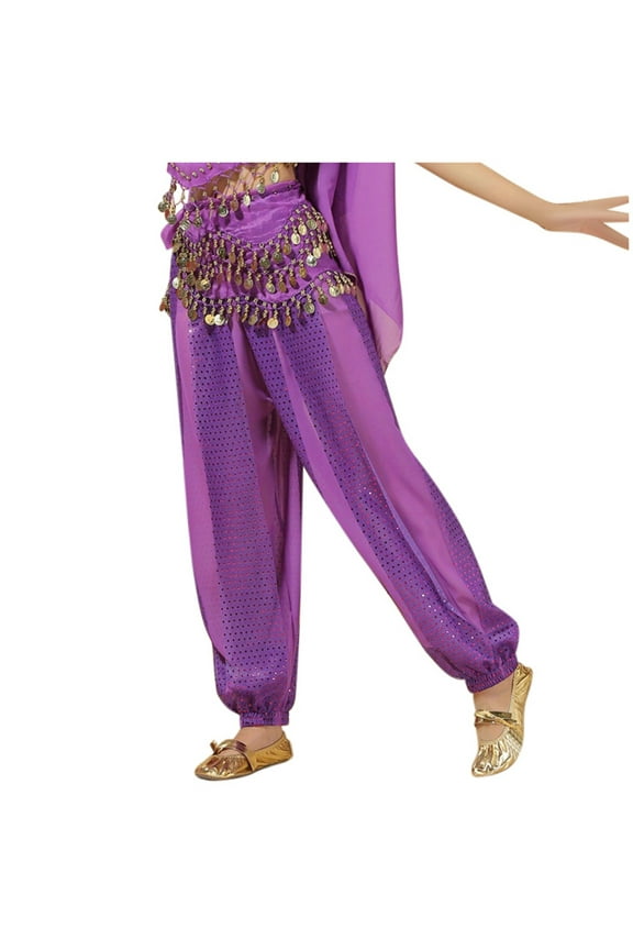 Women's Belly Dance Harem Pants with Sequined Waist Chain, Sheer Chiffon Loose Fit Bohemian Palazzo Pants for Performance Dark Purple,S