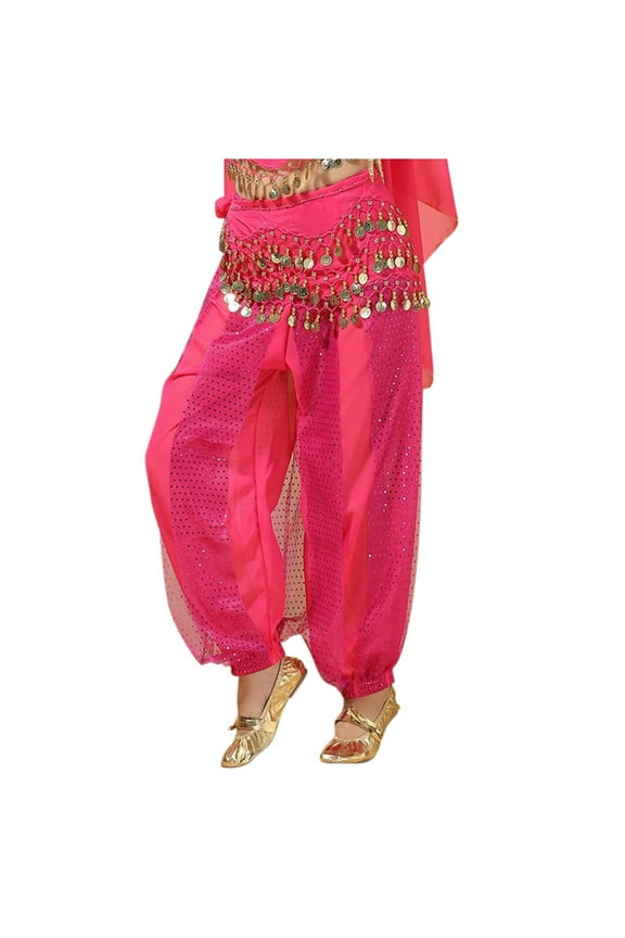 Women's Belly Dance Harem Pants with Sequined Waist Chain, Sheer Chiffon Loose Fit Bohemian Palazzo Pants for Performance Hot Pink,S