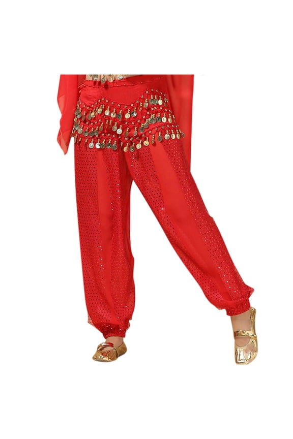 Women's Belly Dance Harem Pants with Sequined Waist Chain, Sheer Chiffon Loose Fit Bohemian Palazzo Pants for Performance Red,S