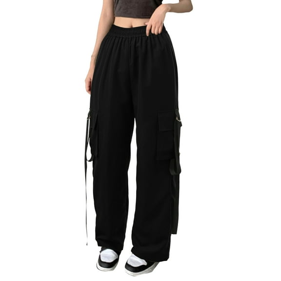AWZXDE Women's Belted Pants with Pockets, Leg - Lengthening Loose Straight - Leg Casual Work Pants, Stylish & Versatile Black,M