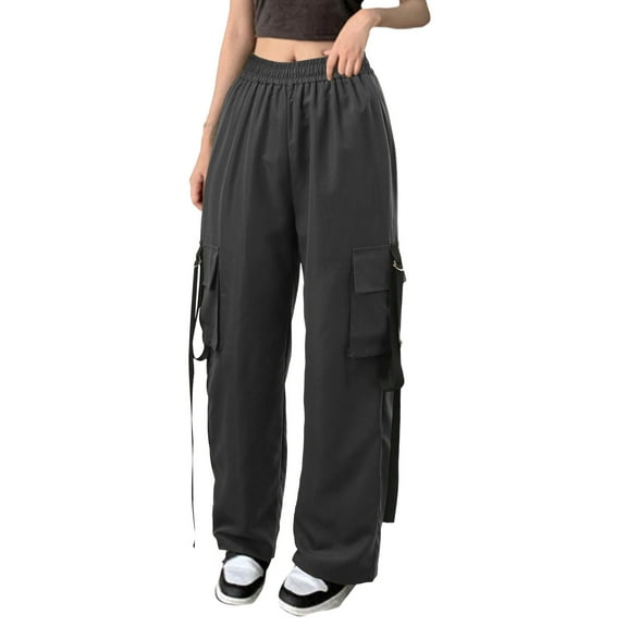 AWZXDE Women's Belted Pants with Pockets, Leg - Lengthening Loose Straight - Leg Casual Work Pants, Stylish & Versatile Dark Gray,M