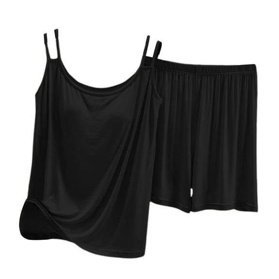 AWZXDE Women's Built-in Bra Camisole Shorts Pajama Set, Wear Sleepwear for Home Comfort Black,L