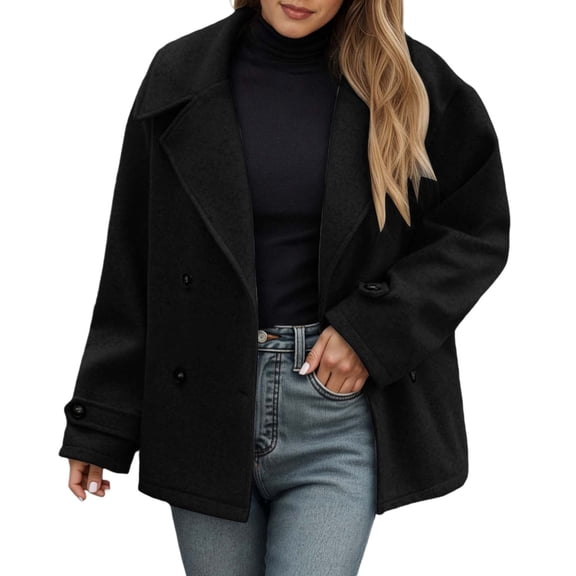 AWZXDE Women's Casual Fashion Lapel Collar Trench Coat with Buttons Structured Loose Fit Versatile Mid Long Daily Fashion Windbreaker Style Jacket for Outfit Combo Black,XXL