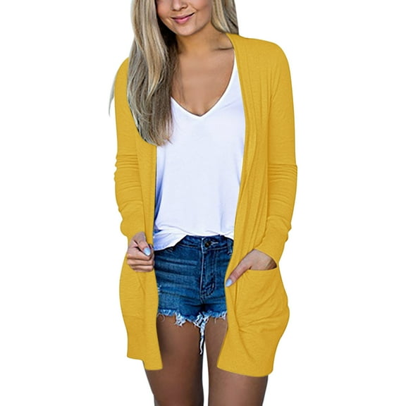 AWZXDE Women's Casual Solid Color Lightweight Cardigan Long Sleeve Pocket Front Collarless Comfortable Mid Long Duster for Layering Yellow,S
