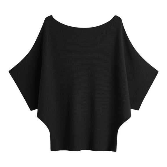 AWZXDE Women's Casual Solid Color Versatile Fashion Short Sleeve Large Neckline Loose Long Hem Knit Pullover Top for Relaxed Wear Black,One Size