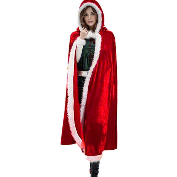 AWZXDE Christmas Solid Color Hooded Robe with Trim Extended Length for Warmth Santa Cape Cloak Cozy Winter Garment Red,120