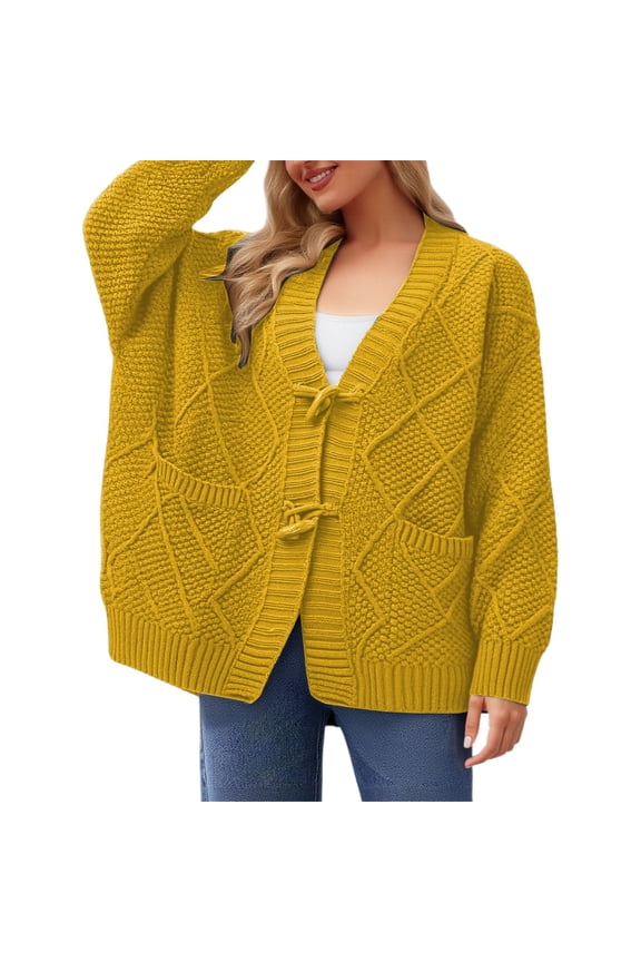Women's Coarse Lines Knit Cardigan with Corner Button, Oversized Soft V-Neck Open Front Long Sleeve Sweater for Fall Relax Casual Yellow,One Size