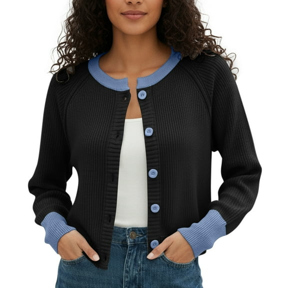 AWZXDE Women's Color Block Round Neck Vertical Striped Knit Button Design Short Cardigan, Versatile Open Front Sweater for Everyday Style Black,L