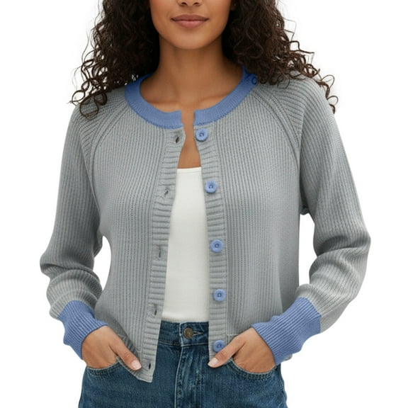 AWZXDE Women's Color Block Round Neck Vertical Striped Knit Button Design Short Cardigan, Versatile Open Front Sweater for Everyday Style Grey,S
