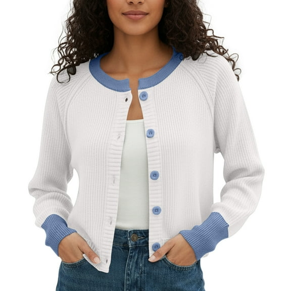 AWZXDE Women's Color Block Round Neck Vertical Striped Knit Button Design Short Cardigan, Versatile Open Front Sweater for Everyday Style White,L
