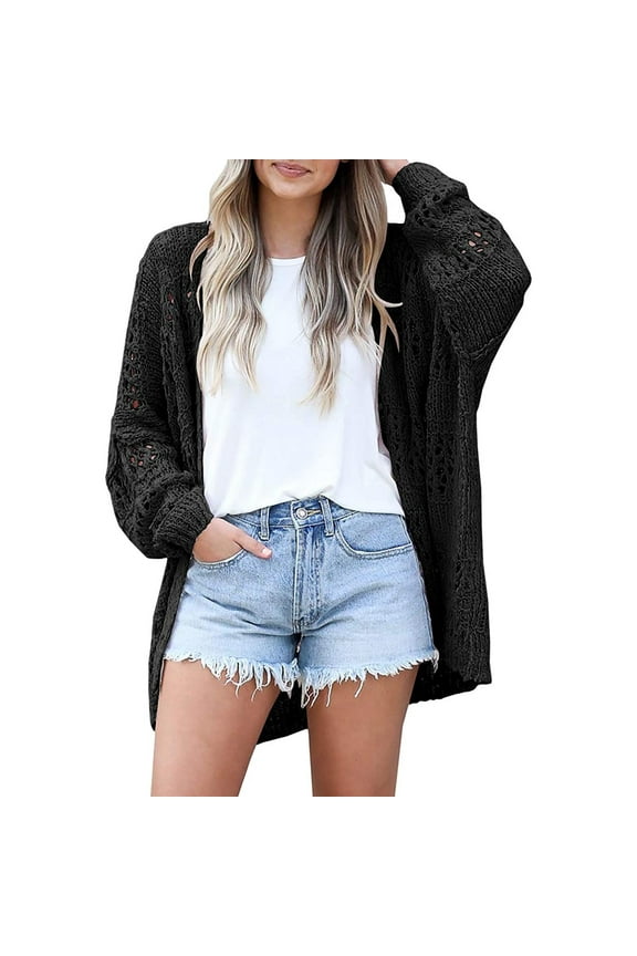 Women's Crochet Lace Knit Cardigan with Floral Pattern Long Sleeve Lightweight Airy Open Front Boho Summer Sweater Black,S