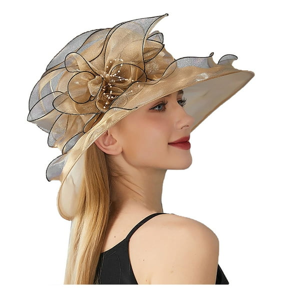 AWZXDE Women's Elegant Flower Mesh Sun Hat with Wide Brim Design for Seaside Beach Fashion Sun Protection Party formal Beach Hats for Women Khaki,One Size