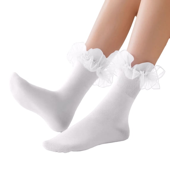 AWZXDE Women's Elegant Lace Thigh Mid Socks with Ruffle Solid Color Stretchable for Fashionable Hosiery and Comfort Wear White,One Size