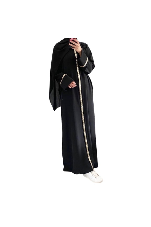 Women's Extra Long Robe Style Maxi Dress with Contrast Trim and Sequin Detail Fashion Solid Color Flowy Chiffon Comfortable Long Dress Black,XXL