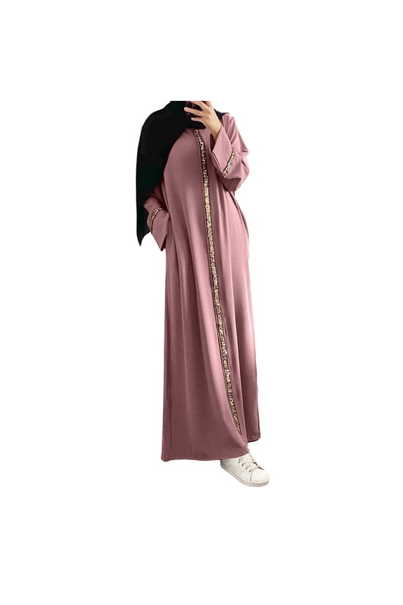 Women's Extra Long Robe Style Maxi Dress with Contrast Trim and Sequin Detail Fashion Solid Color Flowy Chiffon Comfortable Long Dress Pink,S