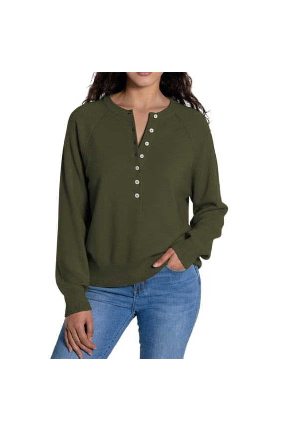 Women's Fall Sweater Button Down Front Lightweight Round Neck Casual Pullover Long Sleeve Shirt Top for Women, Comfy Open Cardigan with Wrists for Everyday Wear Green,S