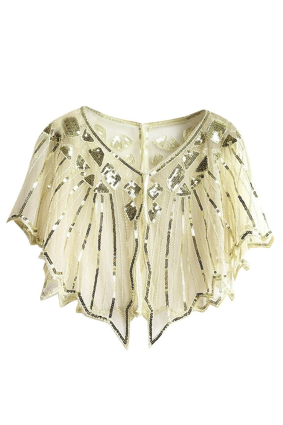 Women's Fashion Evening Dress Shawl for Party Banquet Elegant Lace Hollow-Out Cardigan Round Neck Sleeveless Fashionable Cape Gold,One Size