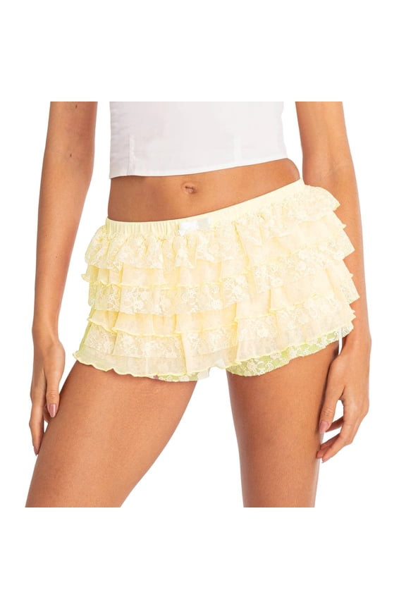 Women's Fashion Multi-Layer Tiered Ruffle Shorts Hot Cake Dress Versatile Outdoor Party Performance Lace Trim Design Skort Yellow,S
