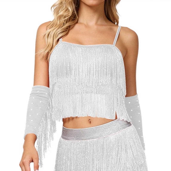 AWZXDE Women's Fashion Solid Color Sequin Latin Dance Top with Fringe Strapless Performance Clothing for Party Silver,L