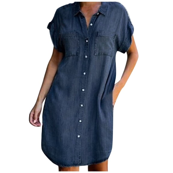AWZXDE Women's Fashion Summer Short Sleeve Slim Fit Denim Midi Dress Solid Color Casual with Pockets Buttons and Lapel Design Dark Blue,XL