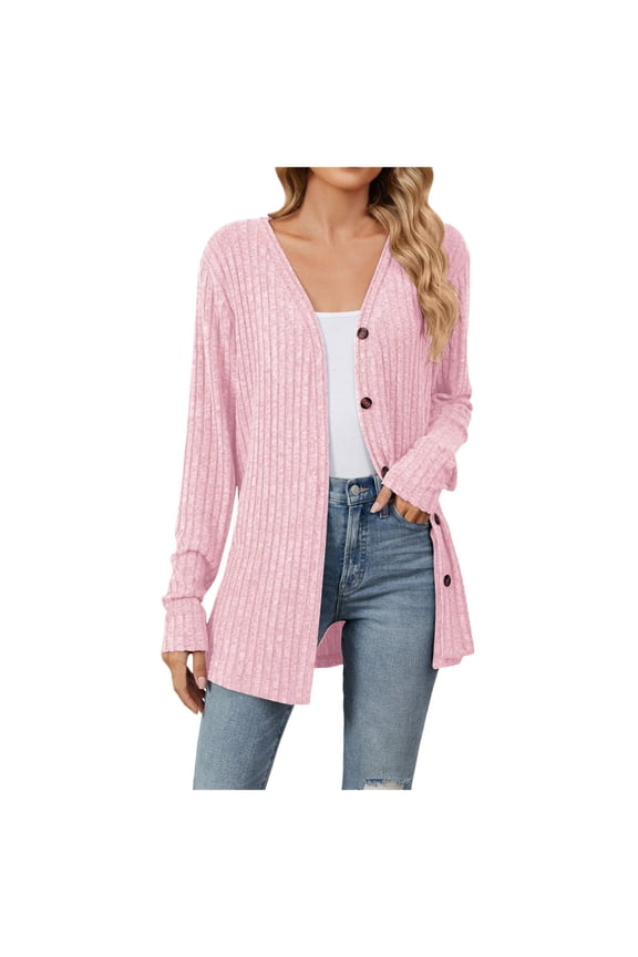 Women's Fashion Vertical Stripe Solid Color Casual Long Sleeve Button Down Cardigan Knitted Wool Coat Long Cardigan Sweaters for Women Pink,S
