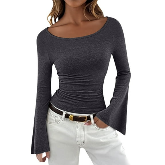 AWZXDE Women's Fitted Long Sleeve Top, Solid Color Round Neck Wide Hem Fashion Casual Shirt GY2,XL