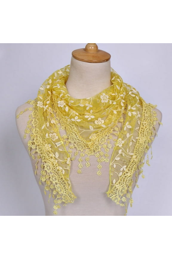 Women's Floral Lace Fringe Sheer Scarf Lightweight Spring Fall Shawl, Floral Print Triangle Scarf for Women, Elegant Chiffon Wrap for Outdoor Yellow