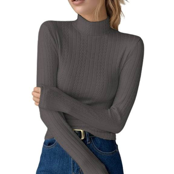 AWZXDE Women's Floral Striped Turtleneck Sweater, Slim Fit Relax Weave Pullover with High Neck, Stretchy Bodycon Long Sleeve Top for Everyday Layering Dark Gray,M