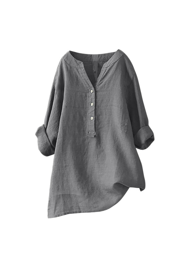 Women's Half Button Design Solid Color Loose Round Neck Roll-Up Sleeves Casual Long Length Home and Outdoor Relaxed Wear Top Grey,S