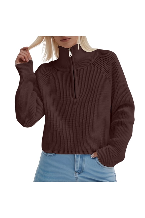 Women's Half Zip Cropped Pullover, Ribbed Turtleneck Knit Top with Long Sleeves, Casual Weave Streetwear Style Sweater for Everyday Fashion Coffee,A