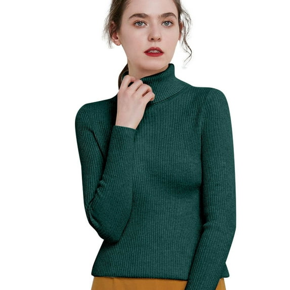 AWZXDE Women's High Neck Turn-Down Collar Solid Color Square Shoulder Slim Fit Warm Corduroy Vertical Stripes Fashion Versatile Pullover Sweater Dark Green,M