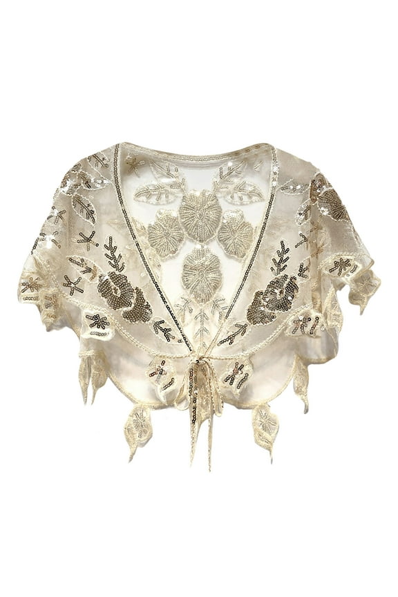 Women's Hollow Out Jacquard Embroidery Shawl with Elegant Tassel and Flower Design, Versatile Sequin Bead Thin Tight Fit for Dresses Short Cape Beige,One Size