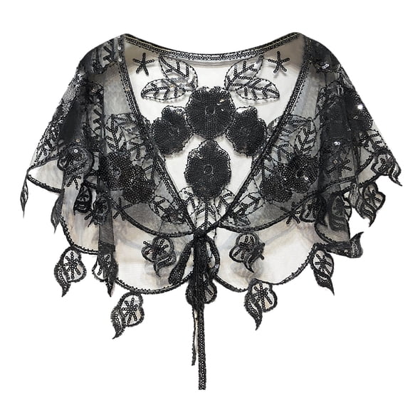 AWZXDE Women's Hollow Out Jacquard Embroidery Shawl with Elegant Tassel and Flower Design, Versatile Sequin Bead Thin Tight Fit for Dresses Short Cape Black,One Size