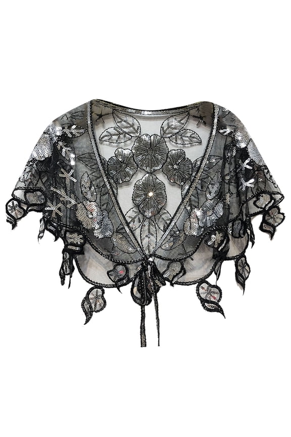 Women's Hollow Out Jacquard Embroidery Shawl with Elegant Tassel and Flower Design, Versatile Sequin Bead Thin Tight Fit for Dresses Short Cape Silver,One Size