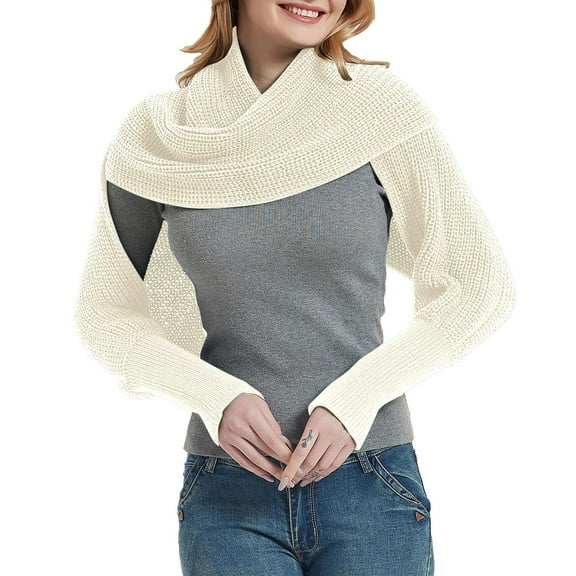 AWZXDE Women's Hollow-Out Knitted Pure Color Shawl Scarf with Sleeves - Warm Wrap for Cool Evenings, All-Season Fashion Piece White,One Size