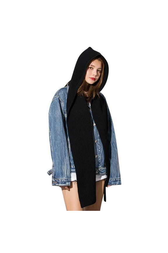 Women's Hooded Scarf Knit Loop Wrap with Attached Cap, Winter Warm Scarf Hat Combination for Women, Soft Comfortable Shawl for Indoor and Outdoor Black
