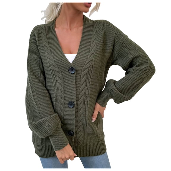 AWZXDE Women's Knit Wrist Button Down V Neck Medium Length Casual Versatile Everyday Comfort Sweater Cardigan Army Green,L
