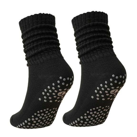 AWZXDE Women's Knitted Dot Grip Design Yoga Silicone Floor Socks Ballet Non Sports Mid Calf Socks Black,One Size