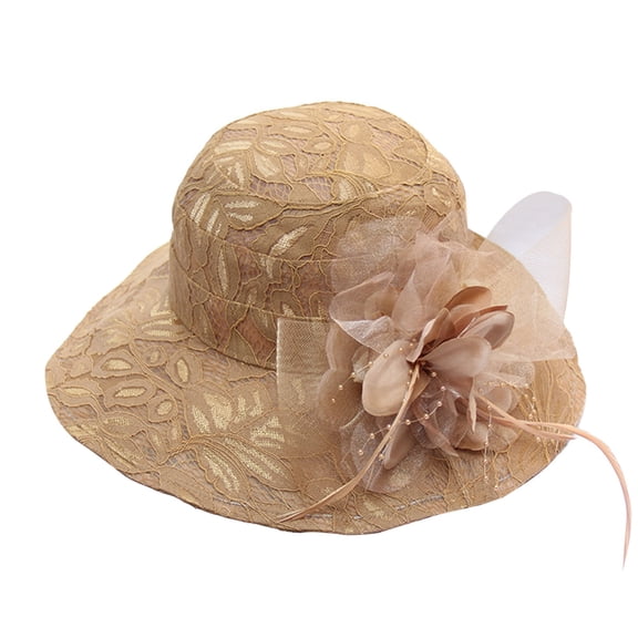 AWZXDE Women's Lace Mesh Flower Sun Hat with Ruffle Brim, Wide Brim Cap for Outdoor Khaki,One Size