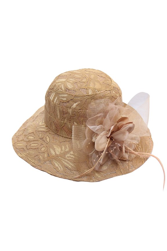 Women's Lace Mesh Flower Sun Hat with Ruffle Brim, Wide Brim Cap for Outdoor Khaki,One Size