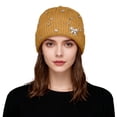 thumbnail image 1 of AWZXDE Women's Lightweight Pearl Knitted Hat with Ear for Cold Weather Comfort and Stylish Daily Wear Yellow, 1 of 6