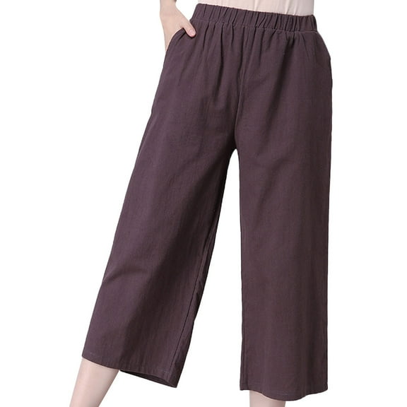 AWZXDE Women's Linen Like Wide Leg Culottes 7/8 Relax Pants for Dance Comfortable Casual Wear Coffee,M